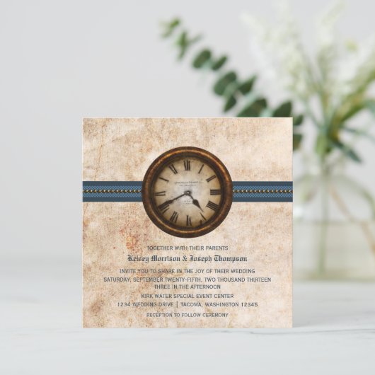 アンティーククロック結婚式招待状、青 招待状 (スタンド正面)