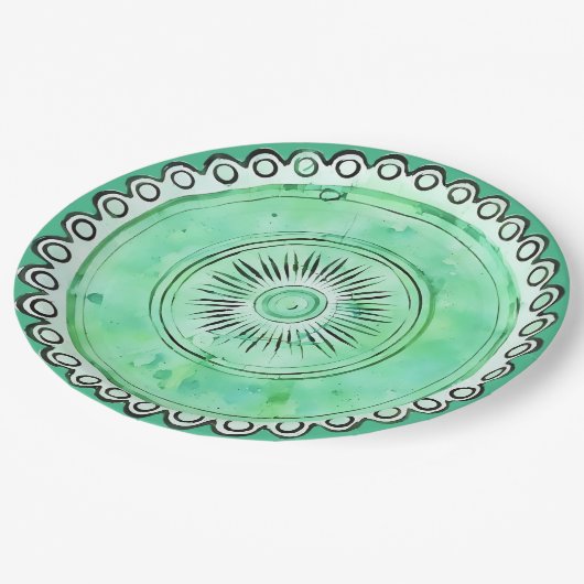 アンティークグリーンガラス サンバースト フェイクチャイナ ペーパープレート (アングル)