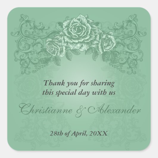 アンティークグリーンバラ結婚ズステッカー スクエアシール (正面)