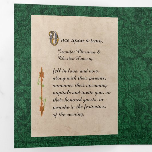 アンティークグリーンブックおとぎ結婚話の写真 三つ折り招待状 (内部最初)