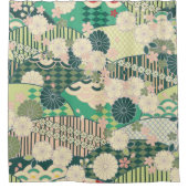 アンティークグリーン日本のピンク着物フローラ花 シャワーカーテン (正面)