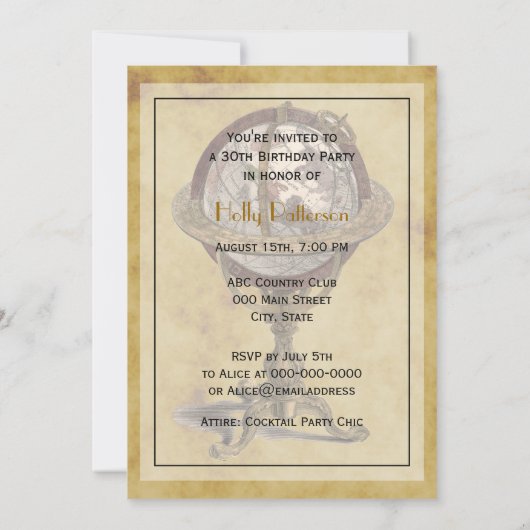 アンティークグローブ動揺して、BG V誕生日 招待状 (裏面)