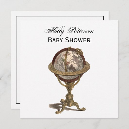 アンティークグローブ、ホワイトBG SQベビーシャワー 招待状 (正面/裏面)