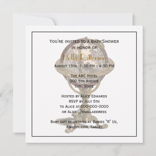 アンティークグローブ、ホワイトBG SQベビーシャワー 招待状 (裏面)