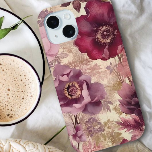 アンティークコテージコア花模様インパープルアンドクリーム Case-Mate iPhoneケース