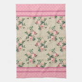 アンティークコテージバラとピンク水玉模様 キッチンタオル (縦)