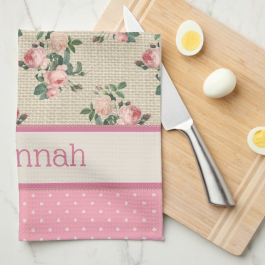 アンティークコテージバラとピンク水玉模様 キッチンタオル (四つ折り)
