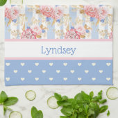 アンティークコテージバラと青と白のハート キッチンタオル (折り畳み)