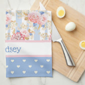 アンティークコテージバラと青と白のハート キッチンタオル (四つ折り)