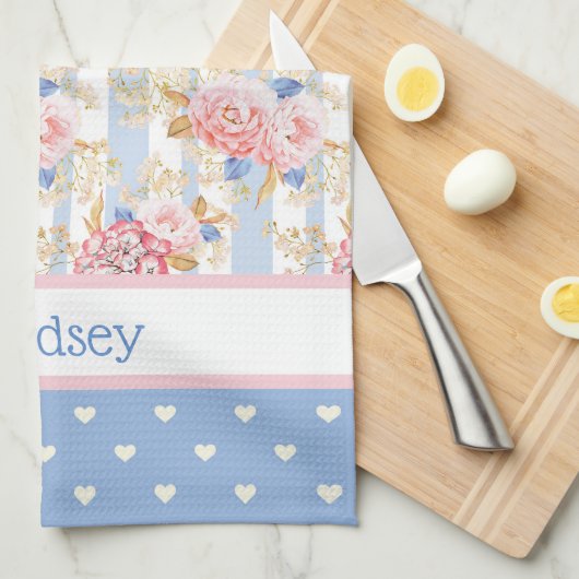 アンティークコテージバラと青と白のハート キッチンタオル (四つ折り)