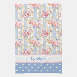 アンティークコテージバラと青と白のハート キッチンタオル