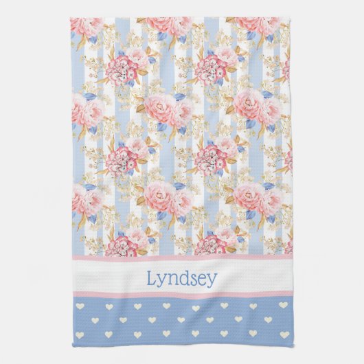 アンティークコテージバラと青と白のハート キッチンタオル (縦)