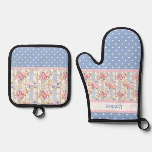 アンティークコテージバラ |青と白のハート 鍋つかみ&鍋敷きセット (正面)