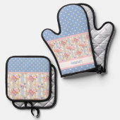 アンティークコテージバラ |青と白のハート 鍋つかみ&鍋敷きセット (正面/裏面)