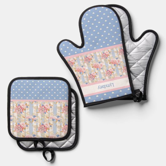 アンティークコテージバラ |青と白のハート 鍋つかみ&鍋敷きセット (正面/裏面)