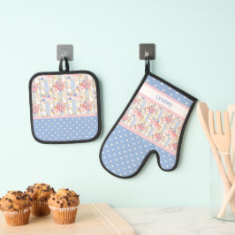 アンティークコテージバラ |青と白のハート 鍋つかみ&鍋敷きセット