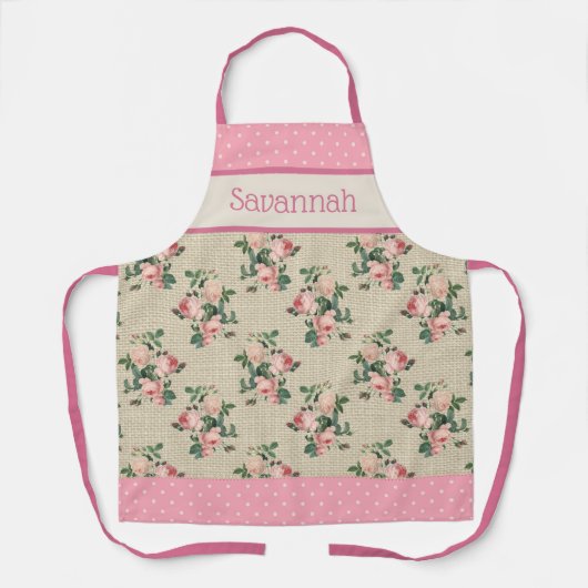 アンティークコテージローズ | ピンクとホワイトのポルカドット エプロン (正面)