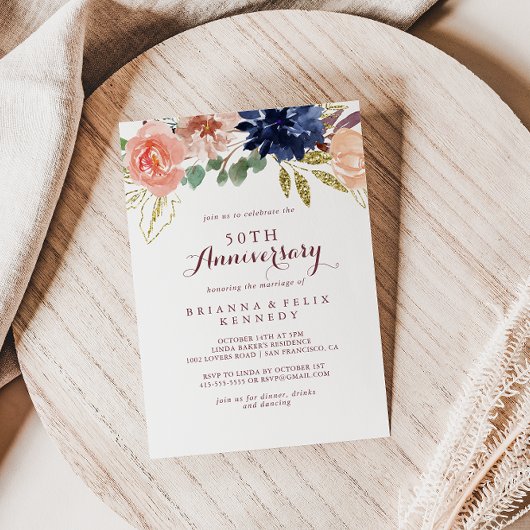 アンティークゴールドのカリグラフィー 50周年結婚記念日 招待状