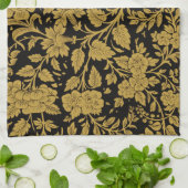 アンティークゴールドの花柄 インドのラッカー細工 黒の模様 キッチンタオル (折り畳み)