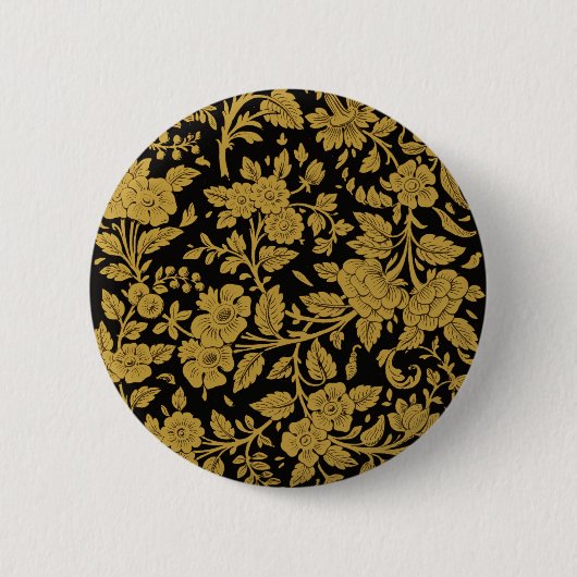 アンティークゴールドの花柄 インドのラッカー細工 黒の模様 缶バッジ (正面)