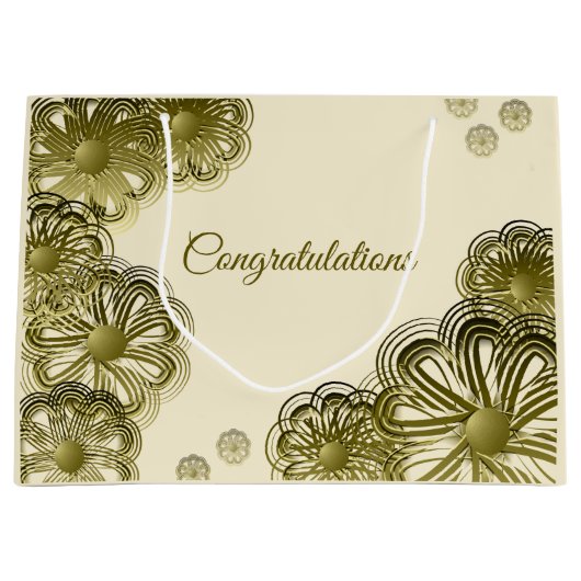 アンティークゴールドの花柄 ウェディングギフトバッグ ラージペーパーバッグ (正面)