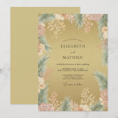 アンティークゴールドの葉とユーカリの結婚式 招待状 (正面/裏面)