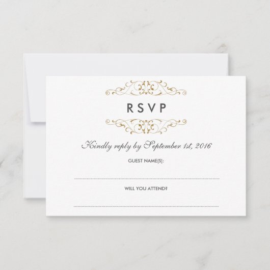 アンティークゴールドの装飾的なRSVP ウェディング 出欠カード (正面)