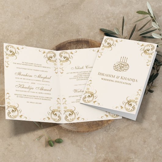 アンティークゴールドフレームクリームアイボリーイスラム結婚式 招待状