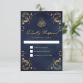 アンティークゴールドフレーム ネイビーブルーのイスラム結婚式 出欠カード (スタンド正面)