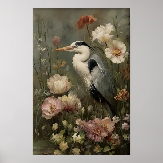 アンティークサギの花のプリント、憂鬱な植物画 ポスター (正面)