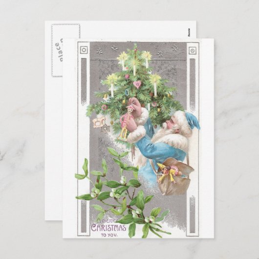 アンティークサンタ・イン・ブルー・コートとクリスマスツリー シーズンポストカード (正面/裏面)