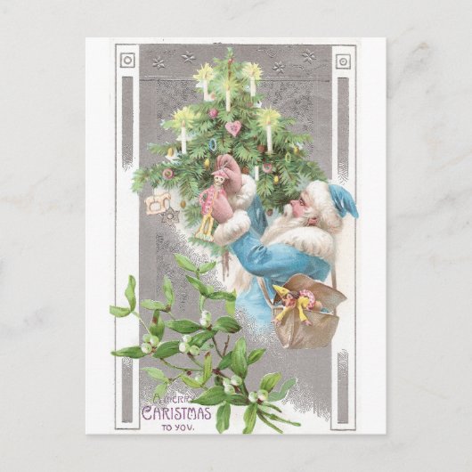 アンティークサンタ・イン・ブルー・コートとクリスマスツリー シーズンポストカード (正面)