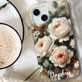 アンティークシャビーシック淡い色のピンクピーニー名前をカスタムする iPhone 15ケース