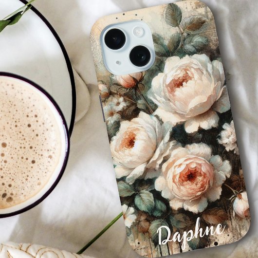 アンティークシャビーシック淡い色のピンクピーニー名前をカスタムする Case-Mate iPhoneケース