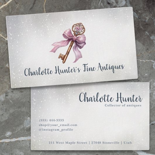 アンティークショップエレガント、ヴィンテージブラス鍵ピンクボウ 名刺