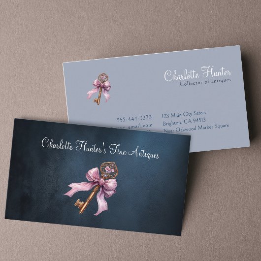 アンティークショップエレガント、ヴィンテージブラス鍵ピンクボウ 名刺