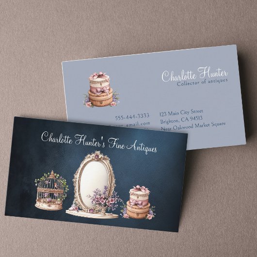 アンティークショップ、エレガントヴィンテージ鏡、鳥かご 名刺