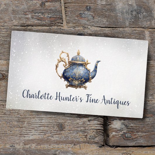 アンティークショップ、ヴィンテージティーポット、金ゴールドとブルー 名刺