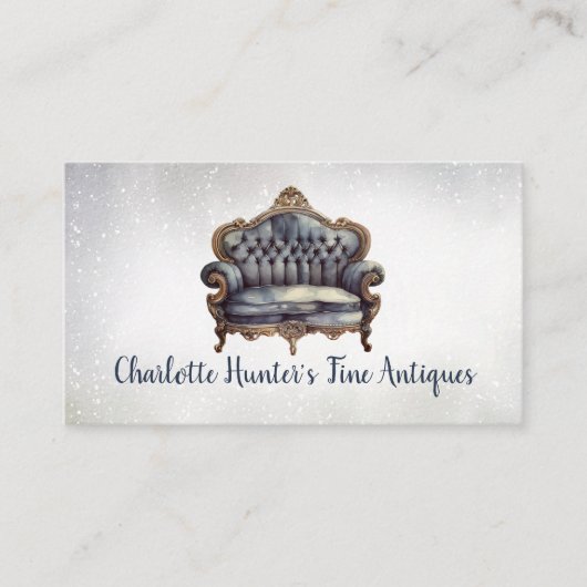 アンティークショップ、ヴィンテージ古いソファ、金ゴールドと青 名刺 (正面)