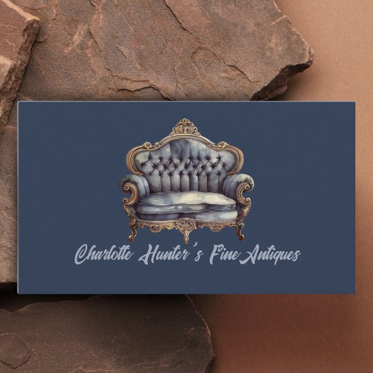 アンティークショップ、ヴィンテージ古いソファ、金ゴールドと青 名刺