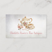 アンティークショップ、ヴィンテージ古茶ポット金ゴールドピンクのバラ 名刺 (正面)