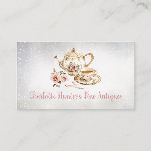 アンティークショップ、ヴィンテージ古茶ポット金ゴールドピンクのバラ 名刺 (正面)