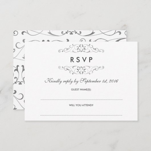 アンティークシルバーフローリッシュウェディングRSVP 出欠カード (正面/裏面)