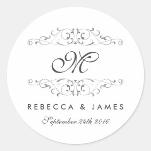 アンティークシルバーフローリッシュモノグラム結婚式用シール ラウンドシール