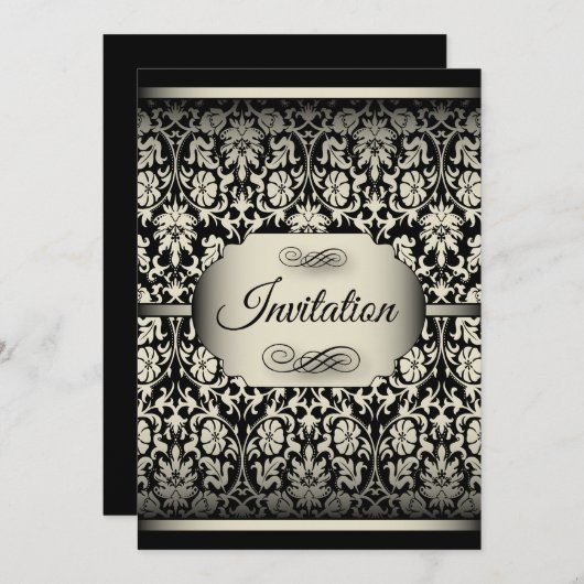 アンティークシルバー&ブラックダマスクパーティテンプレート 招待状 (正面/裏面)