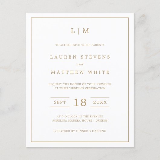 アンティークシンプル金ゴールドモノグラムバジェットウェディング招待 (正面)