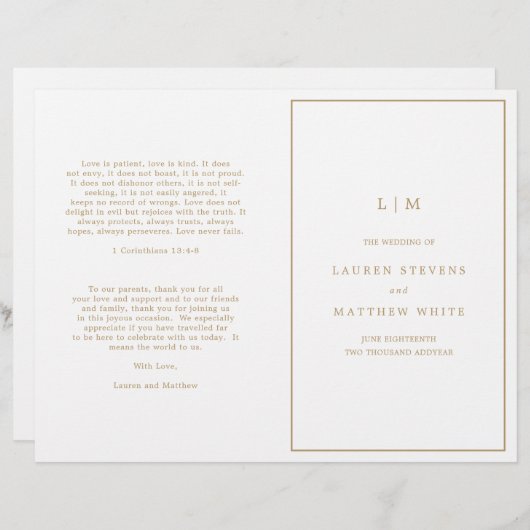 アンティークシンプル金ゴールドモノグラム結婚式 プログラム (正面/裏面)