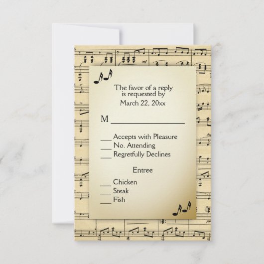 アンティークシートミュージックRSVPとメニューの選択 出欠カード (正面)