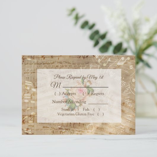 アンティークシート音楽ヴィンテージバラ結婚式RSVPカード 出欠カード (スタンド正面)