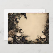 アンティークスカルブラックフラワーズ&グリーンハロウィーン シーズンポストカード (正面/裏面)